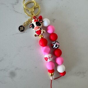 Cute Cow Beaded Keychain with Pink and Red Beads